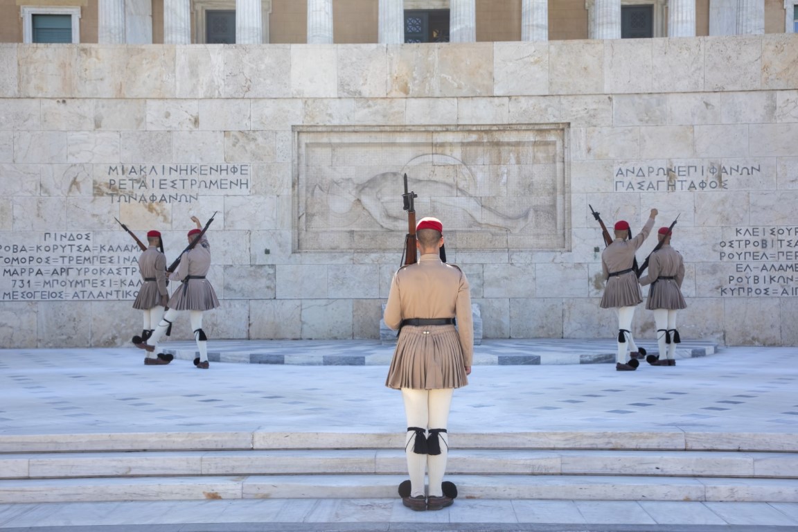 July 4, 2022, Greece Syntagma Square changing of the guard in front of the monument to the unknown. Presidential guard in traditional uniform are marching in front of Tomb of Unknown Soldier in city